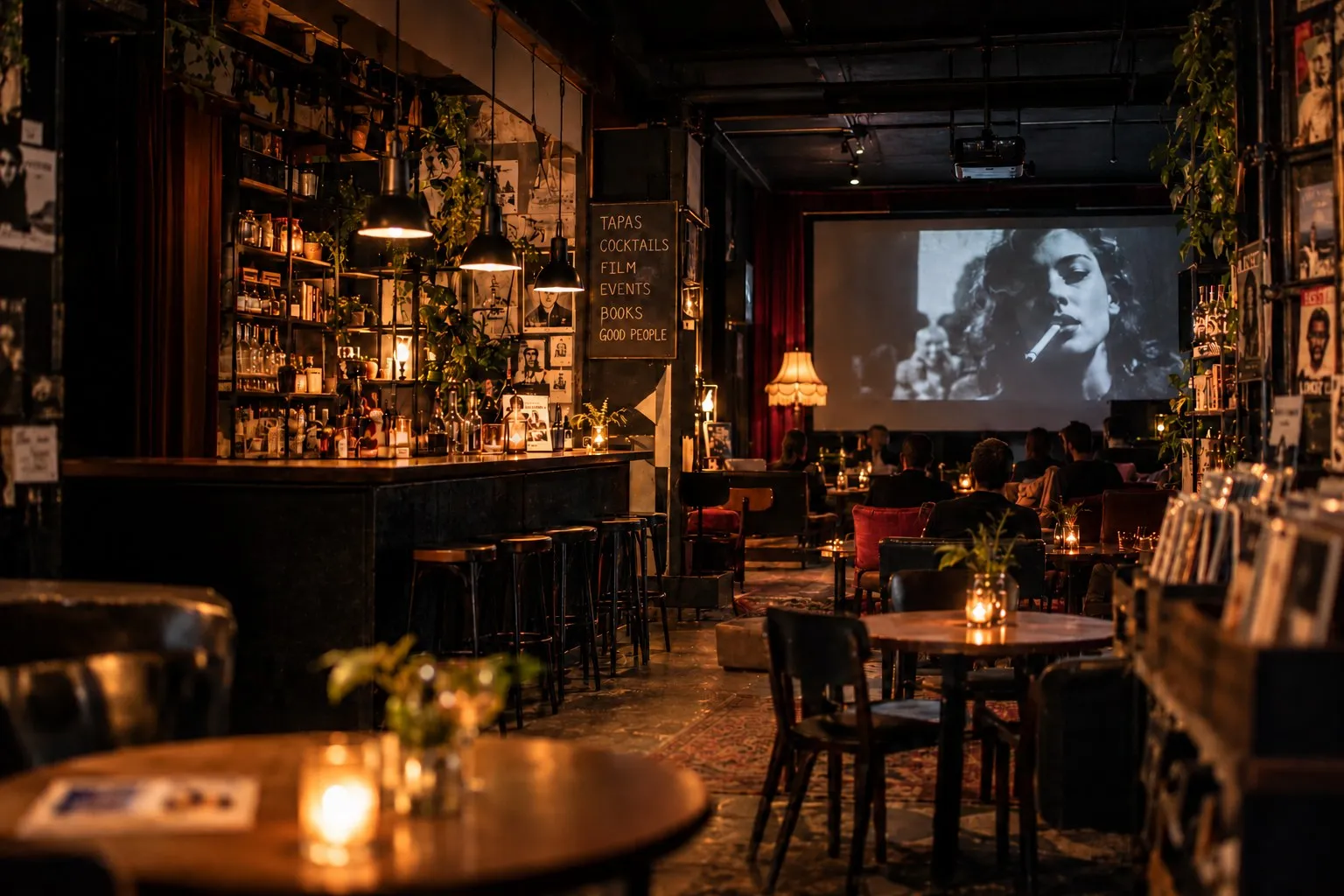 The bar, candlelit tables and a film playing on the big screen at the back